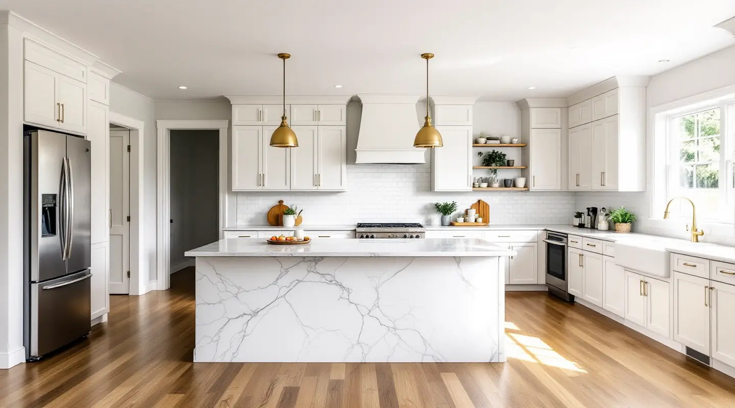 Finished modern farmhouse kitchen with white cabinets, a quartz island and brass pendant lights
