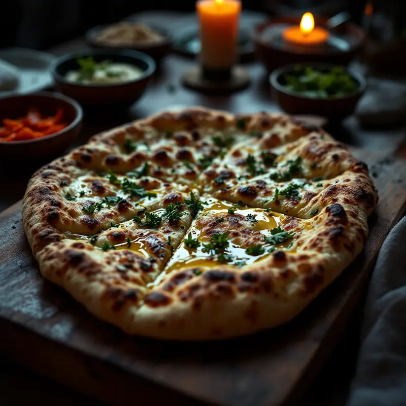 Wood-fired flatbread with herbs and small bowls of dips