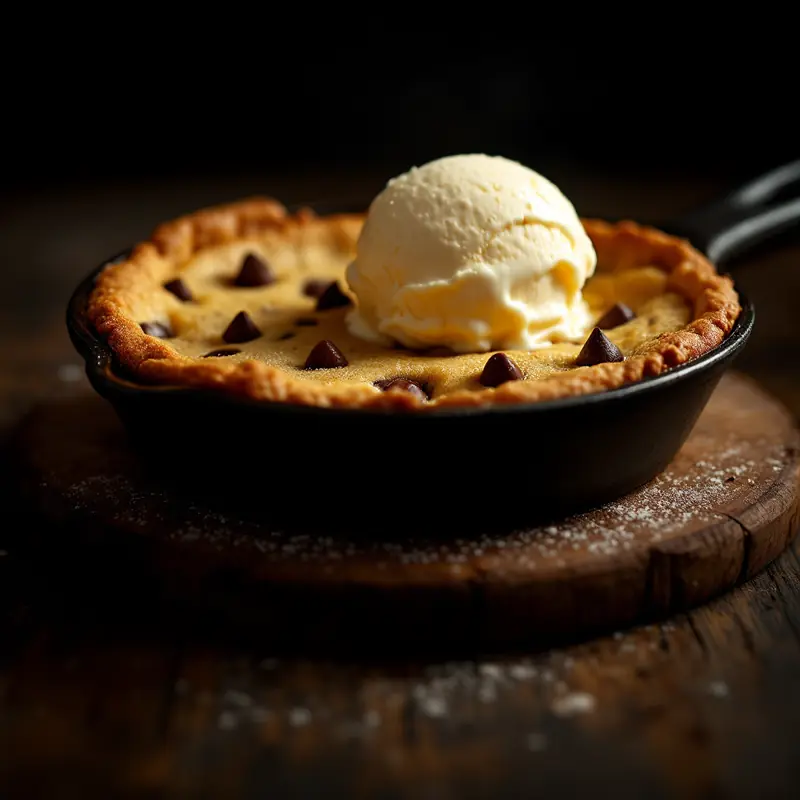 Warm skillet cookie topped with vanilla ice cream
