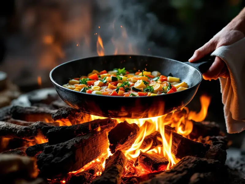Cast iron skillet of sizzling vegetables over an open wood fire