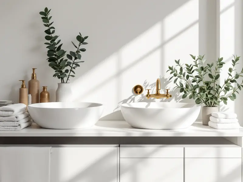Bright salon wash station with white basins and eucalyptus