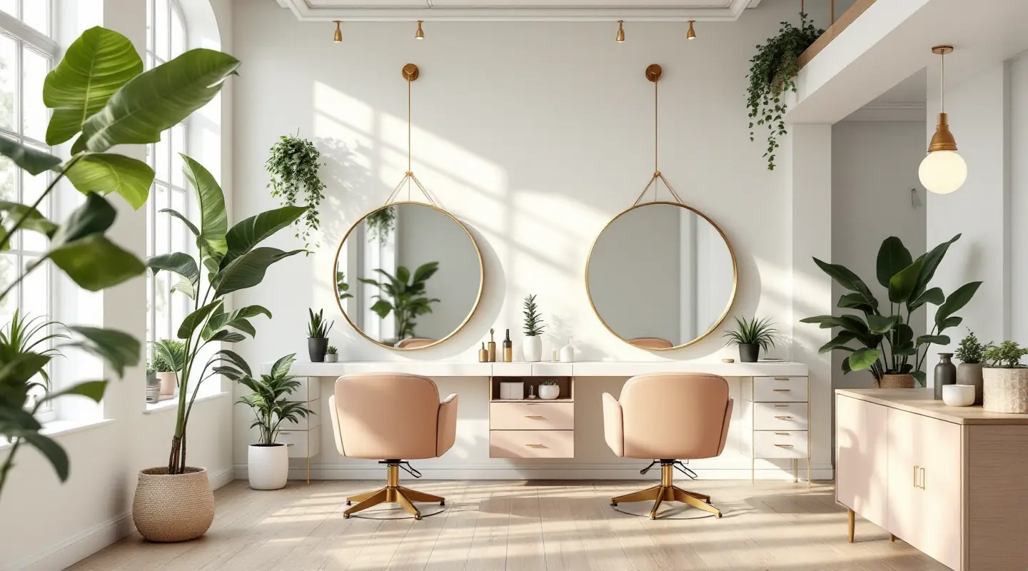 Bright, airy hair salon with two styling chairs in front of round mirrors, surrounded by plants