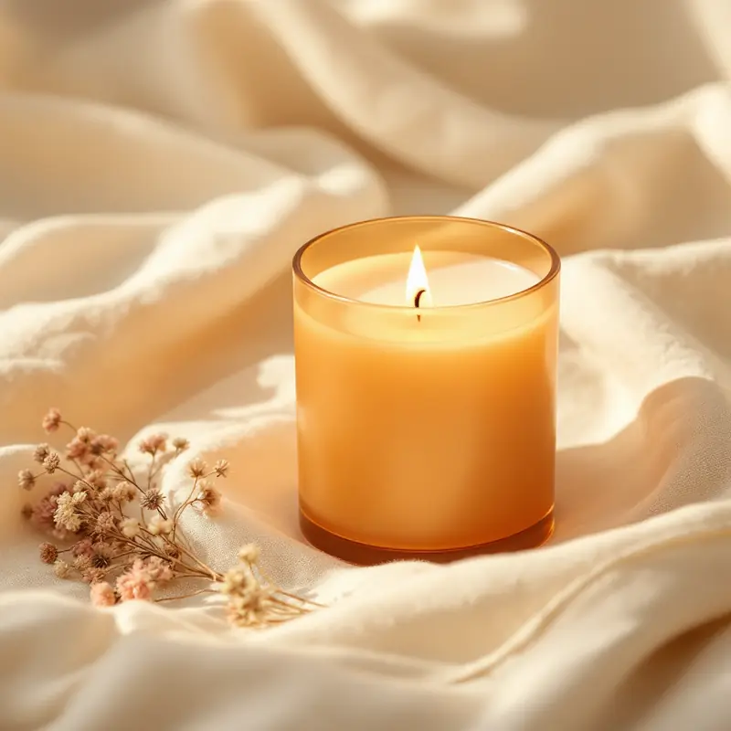 Lit soy candle in an amber glass jar on cream linen