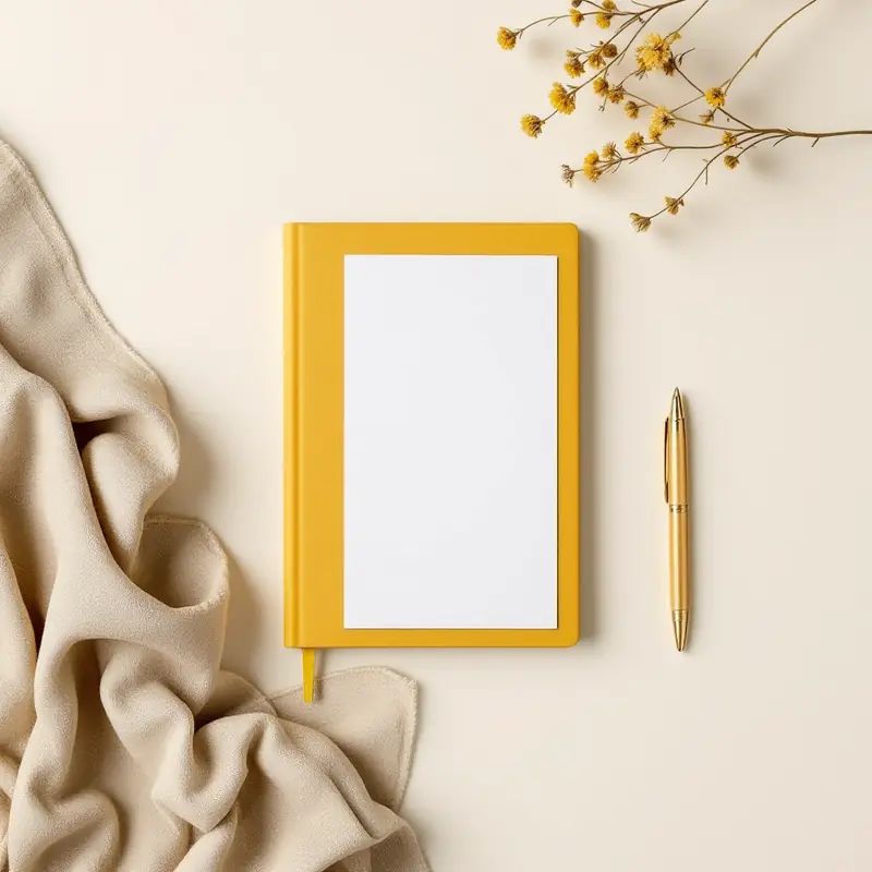 Mustard notebook, brass pen and dried flowers flat lay