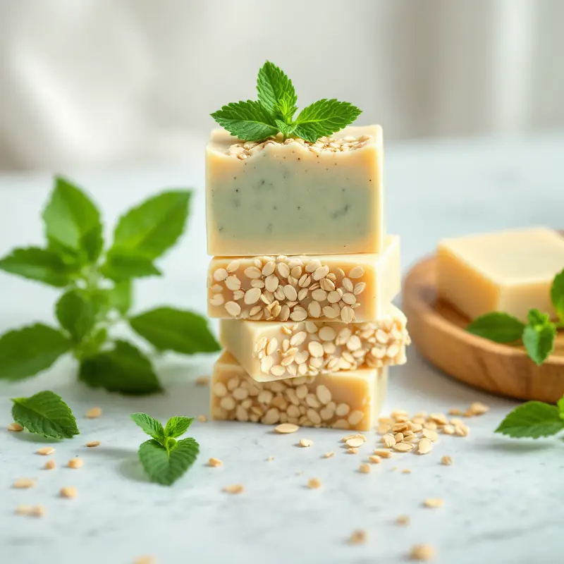 Handmade oat and mint soap bars with fresh mint leaves