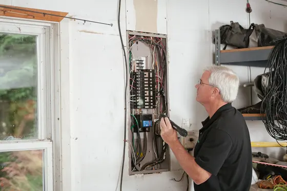 Technician inspecting a home electrical panel